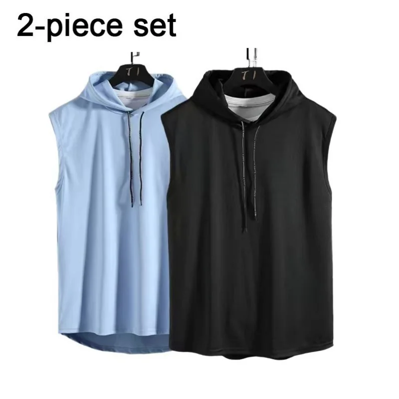 

Лето 2025 г., состоящий из двух частей, жилет без рукавов, повседневная спортивная футболка для фитнеса, свободный однотонный топ, подходит для использования на открытом воздухе