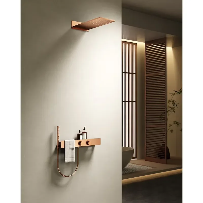 2026 Hot Sales Brushed Rose Gold 3-Mode Bathroom Rainfall Shower Faucet Set Wall Mounted Shower Complete Set