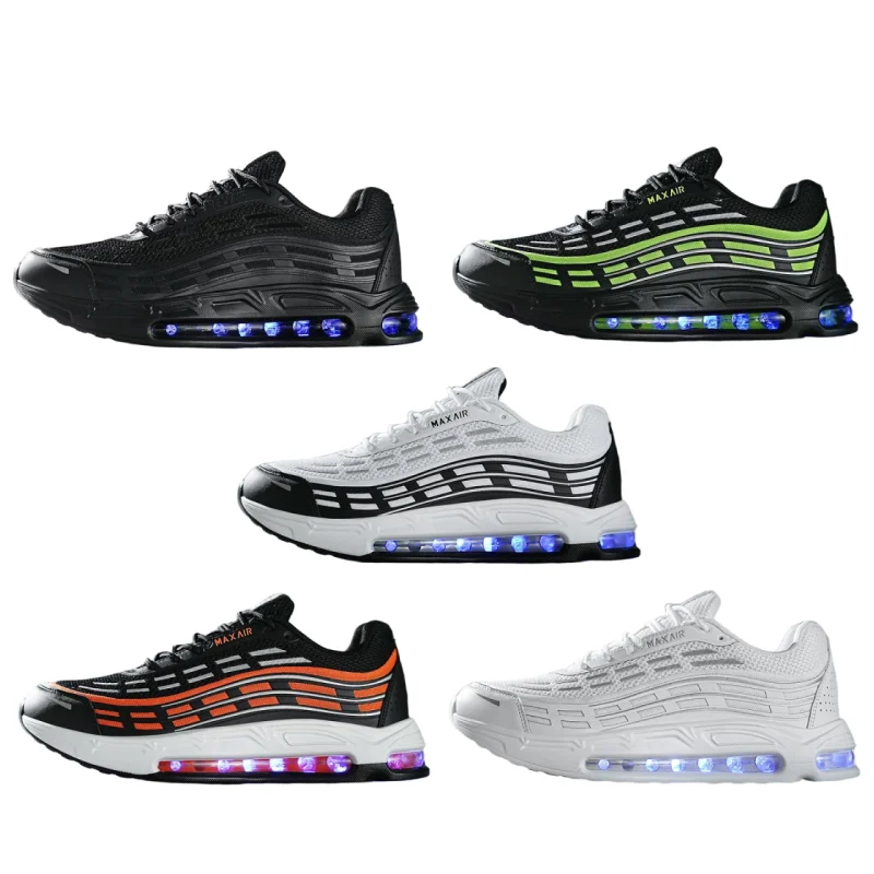 

White and black contrast color, full-palm air cushioned running shoes. Breathable woven casual sports shoes, trendy men's shoes.