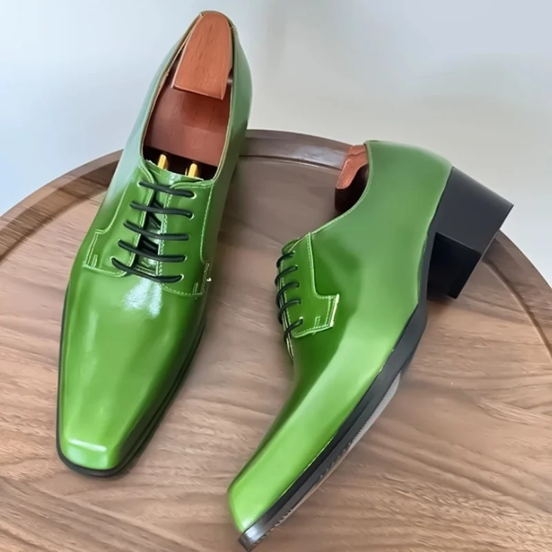 Luxury Fashion Men's High-heeled Leather Shoes Green British Style Square Toe Derby Shoes 5cm Height-increasing Men Dress Shoes