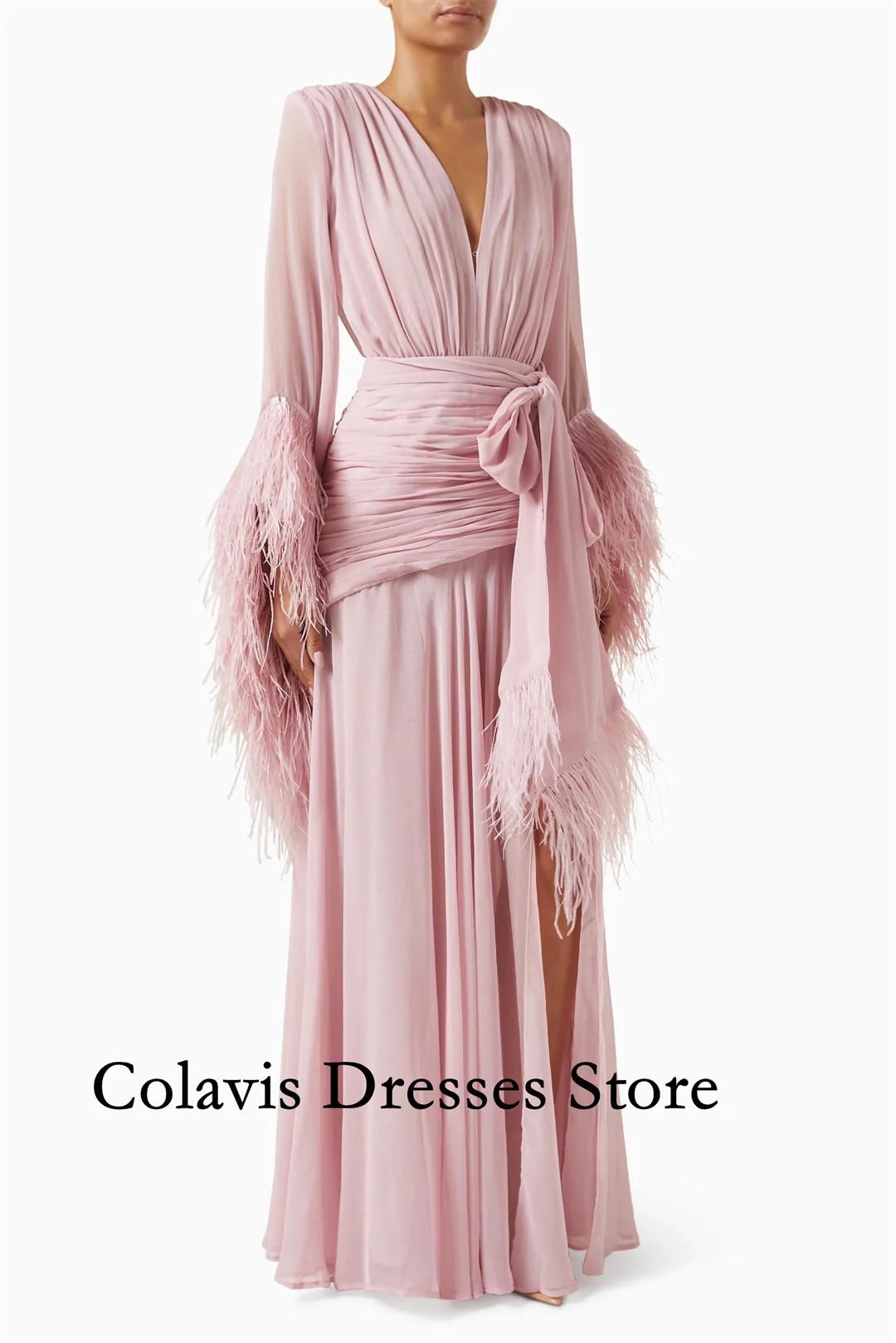 2025 Customized Deep V-Neck Flare Sleeves Feather Pink Chiffon Prom Dresses Evening Dress Women Evening Gowns Formal Party Dress