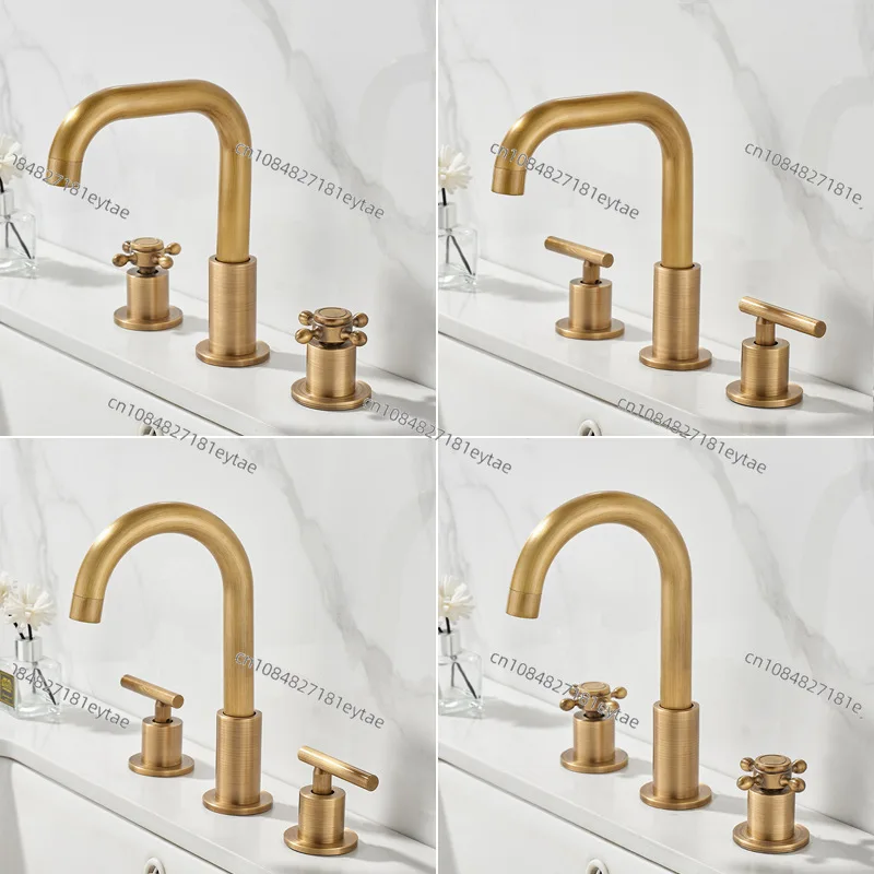 European antique brass three-hole basin faucet split bathroom retro hot and cold faucet