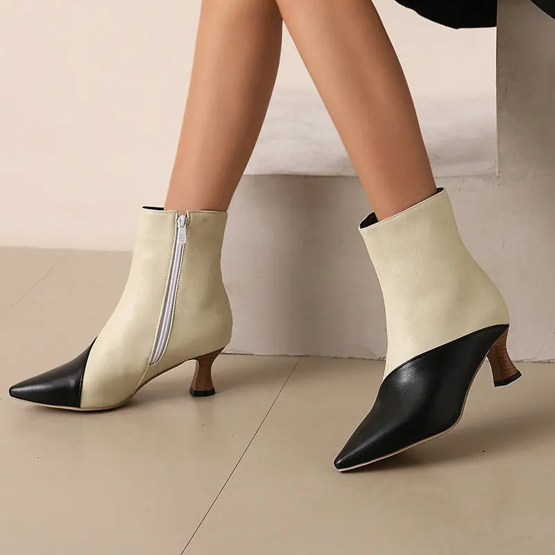 Women's Kitten Heel Stiletto High Heel Side Zip Patchwork Ankle Boots Fashion European American Short Boots