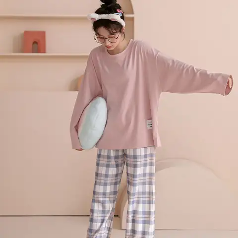 봄과 가을 새로운 여성 잠옷 Homewear 세트 여자 학생 격자 무늬 레저 긴팔 캐주얼 잠옷 여성 Homewear 세트