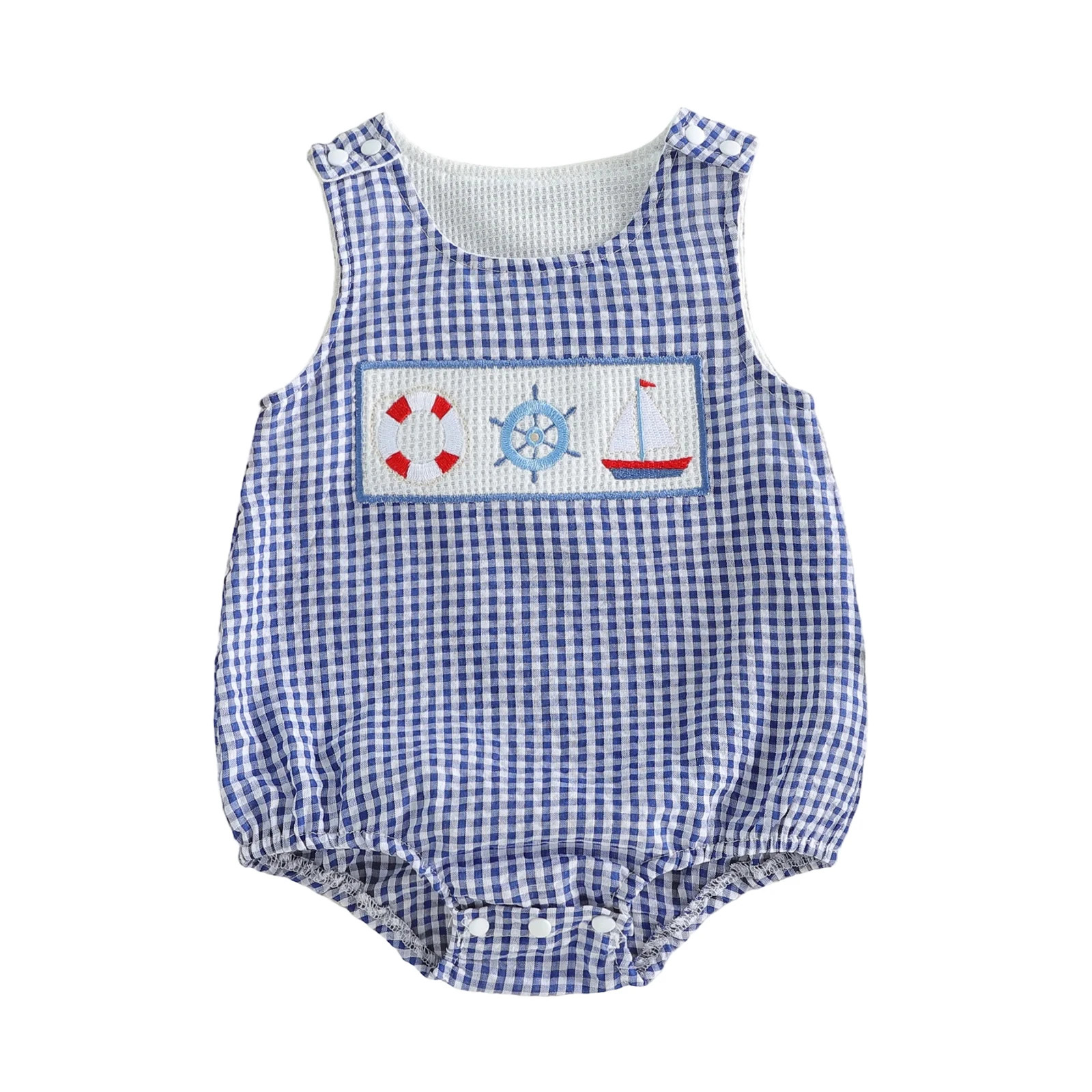 Bebê menino macacão sem mangas em torno do pescoço bordado xadrez impressão bodysuit recém-nascido playsuit