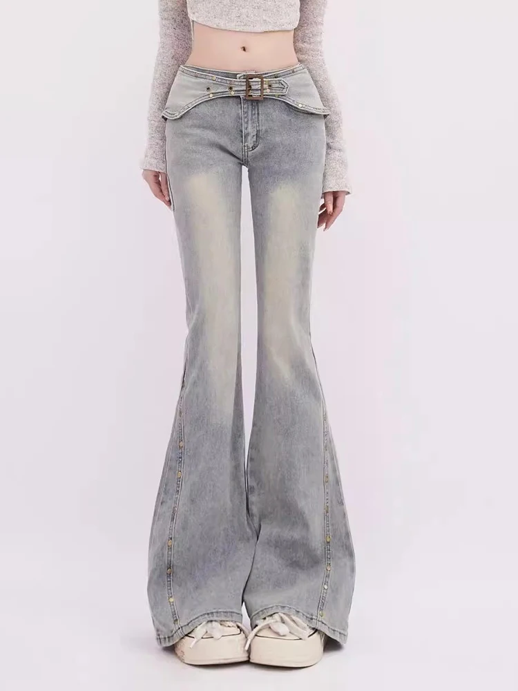 WCFCX STUDIO Women Vintage High Street Bell Bottom Jeans Lady Sexy Slim Fit Denim Flare Pants Spicy Girl Niche Design Trousers