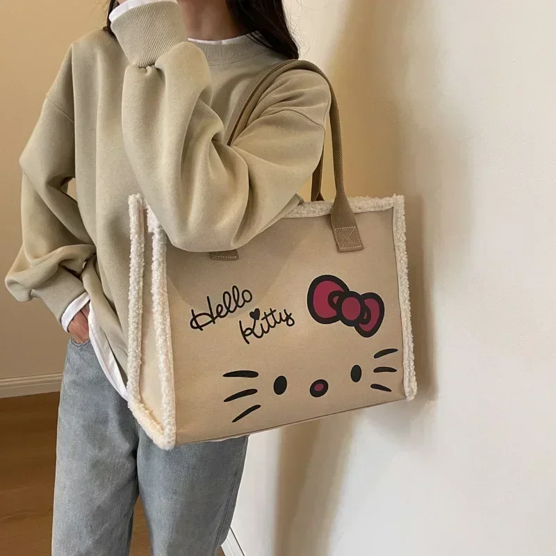 

Sanrio hello kitty canves shoulder bag women's new autumn cartoon handbag shopping storage bag color contrast mommy tote bag