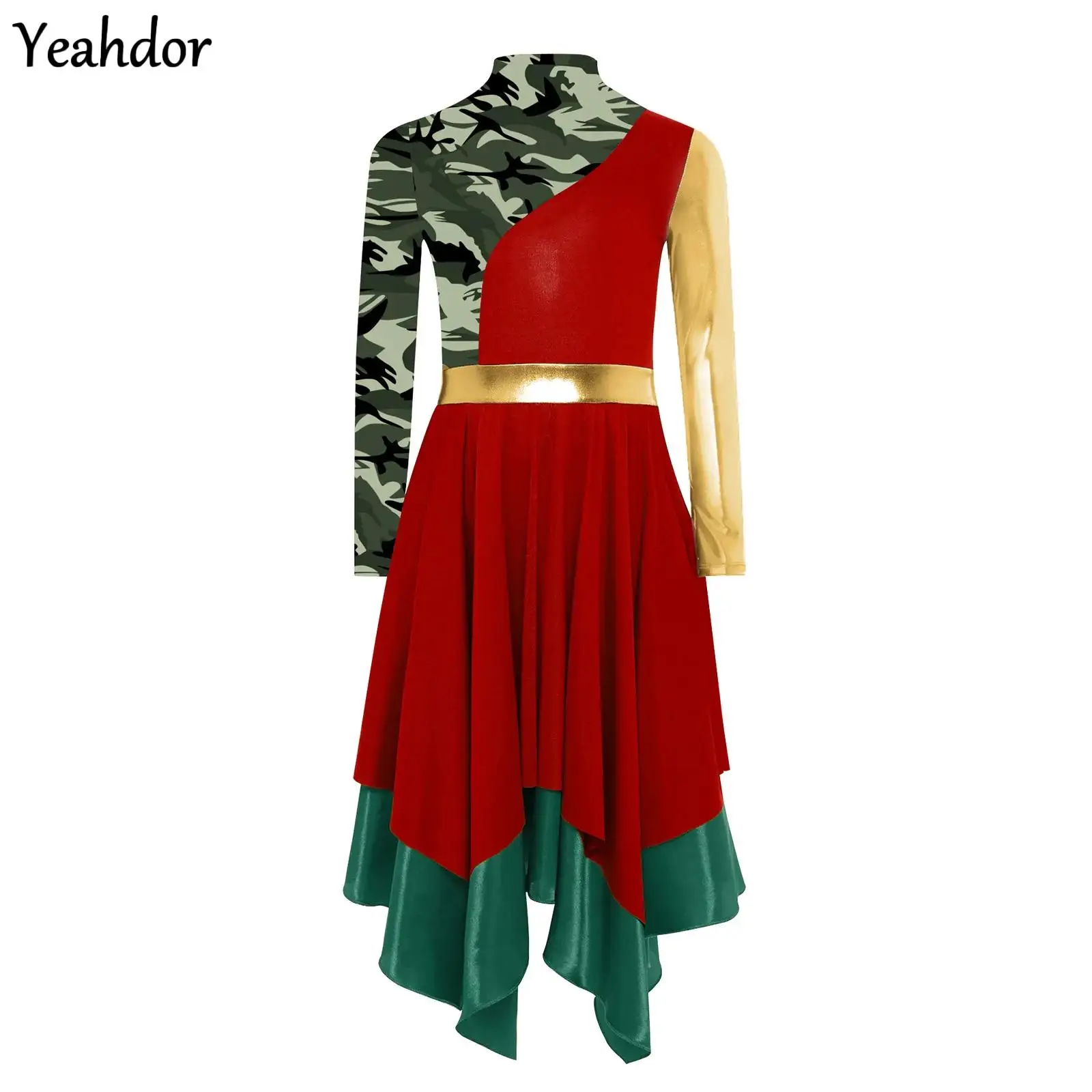 

Kids Girls Liturgical Praise Dance Dress Long Sleeve Print Metallic Color Block Gown Christian Worship Church Choir Performance