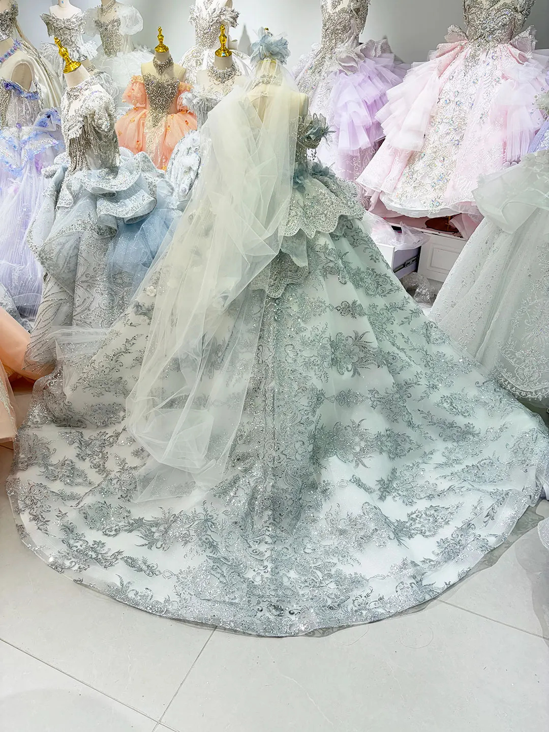 Jill Wish W105 Ice Queen — Dusty Blue Crystal Embroidered Princess Ball Gown for Quinceañera & Prom