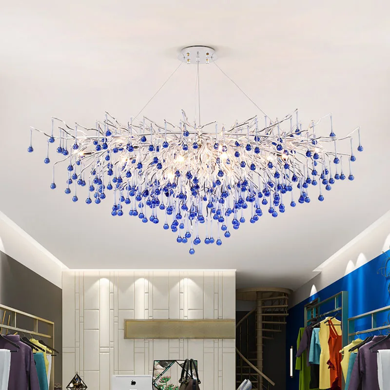 Tree Branch Ceiling Chandelier Modern Pink Blue Water Drop Crystal Pendant Lighting Fixture For Children's Bedroom Living Room