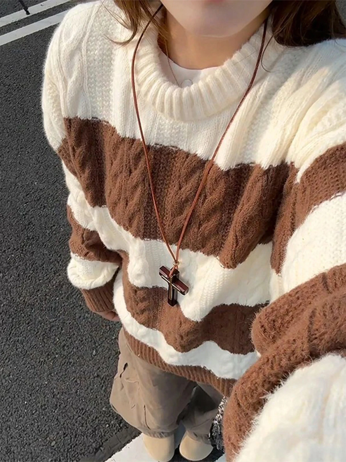 

Американский свитер унисекс в стиле колор-блок, свободный крой, премиум-класс, с узором косы, для многослойных образов, осень-зима