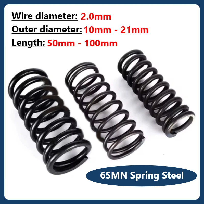 Ressort de Compression de retour en acier, diamètre du fil 2mm 65Mn, OD 10-21mm, longueur 50/60/70/80/90/100mm, 10 pièces