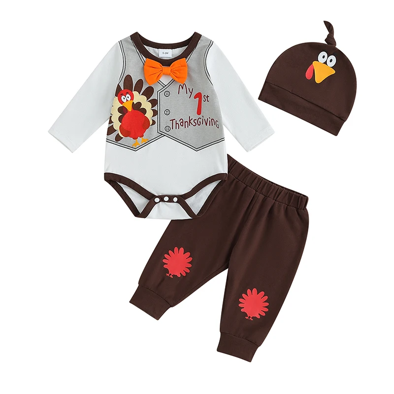 

Baby Boy First Thanksgiving Outfits Turkey Letter Pattern Long Sleeve Infant Rompers Long Pants Hat 3Pcs Clothes Set