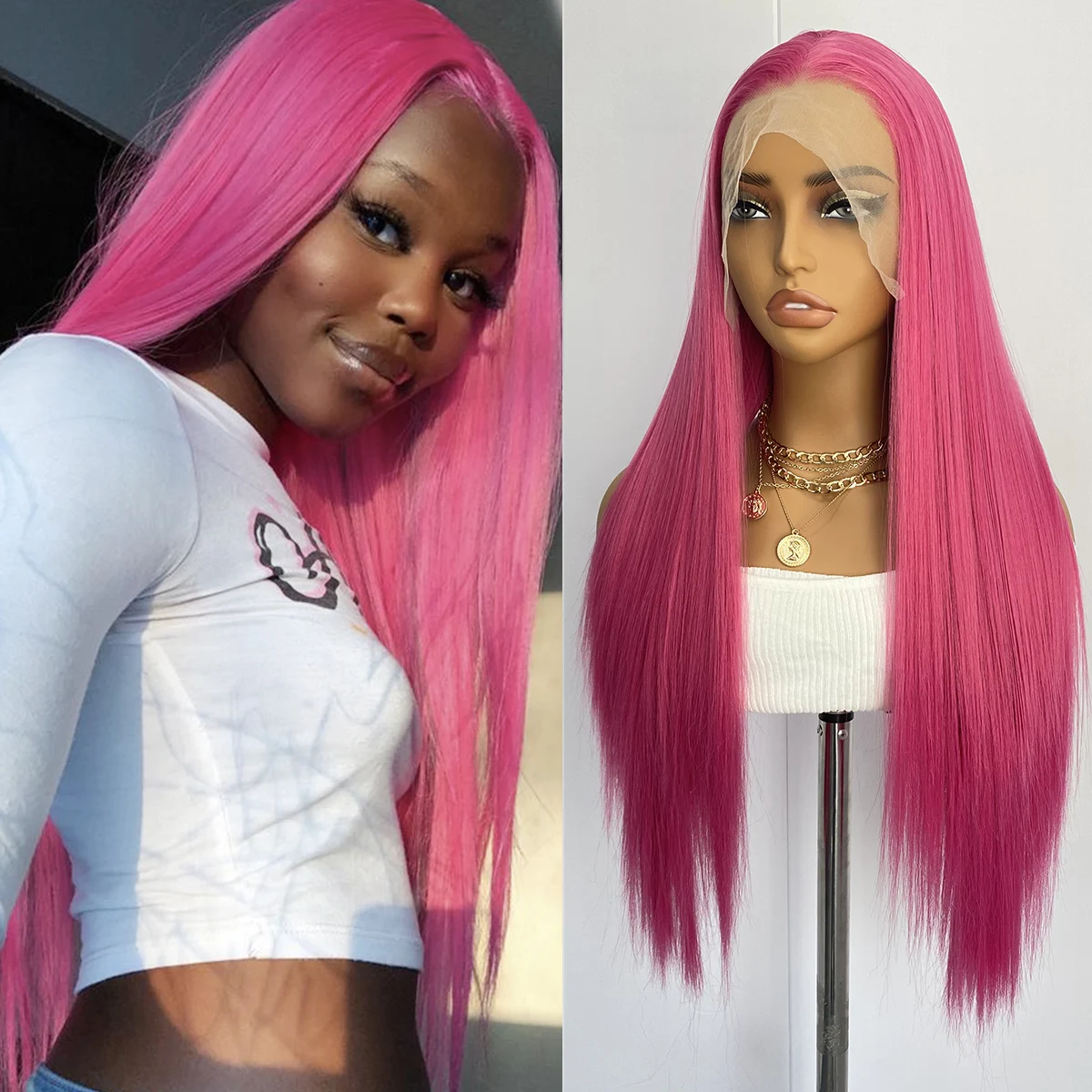 

Diniwigs Розовый Парик Фронта Шнурка Розово-Красный Синтетические Длинные Прямые Волосы Натуральные Волосы Парик Для Ежедневного Использования для Женщин Термостойкое Волокно