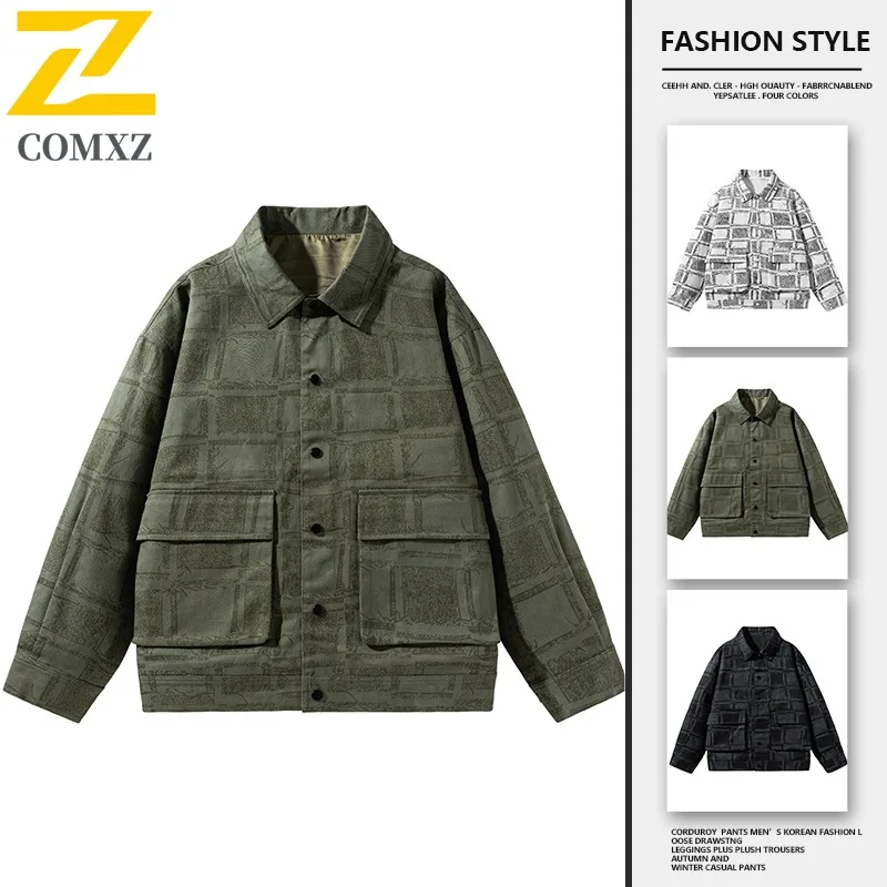 

COMXZ 2025 Men American Workwear Turn Collar Loose Fit Fashion Casual Sports Jacket Top Lightweight Comfortable Street Style