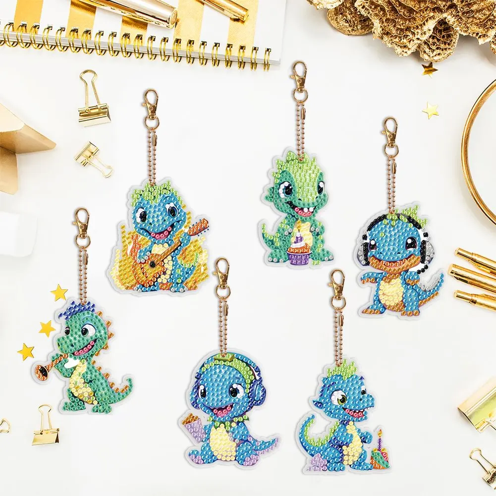 Handmade6-piece diamond art keychain, musical little dinosaur, cartoon diamond keychain, double-sided ladies' bag pendant