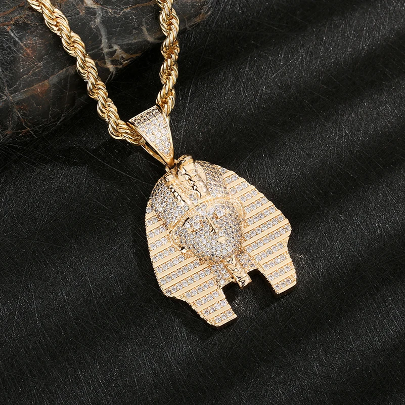 New Arrival  Hip Hop 14k Gold Plated Egyptian Pharaoh Zircon copper pendant charm Necklace