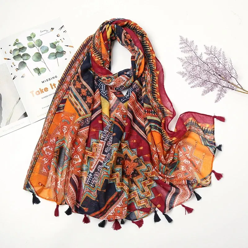 Fashion Printing Geometry Tassel Shawl Cotton Viscose Scarf Women Beach Sunscreen Shawl Muslim Hijab Wrap Headscarf 180*85cm