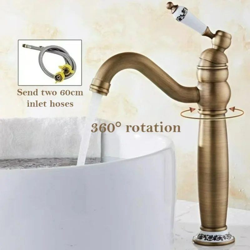 

Vintage Brass Bathroom Faucet Hot Cold Water Wash Sink Faucet Single Hole Swivel Sink Single Handle Water Mixer Taps