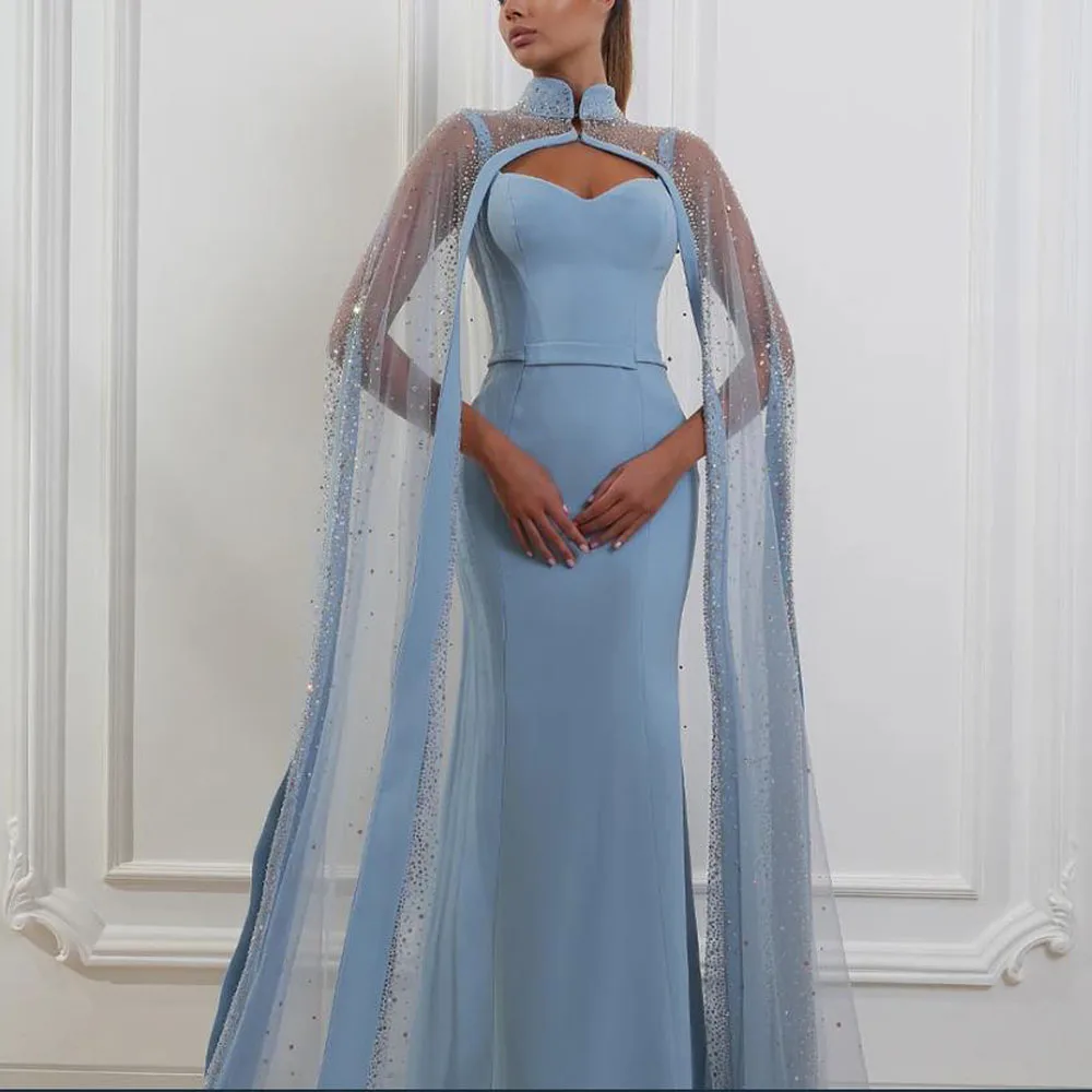 

Customized Blue Mermaid Evening Dress with Cape Square Neck Satin Wedding Guest Dresses with Rhinestone Shawl