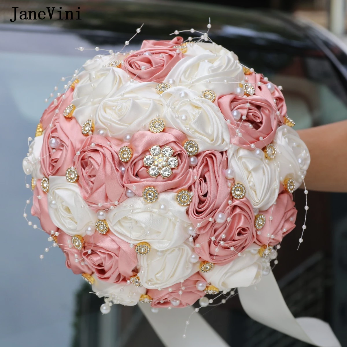 

JaneVini Customized Nude Pink Ivory Bridal Bouquets with Pearls Crystal Artificial Satin Roses Wedding Flower Bouquet for Bride