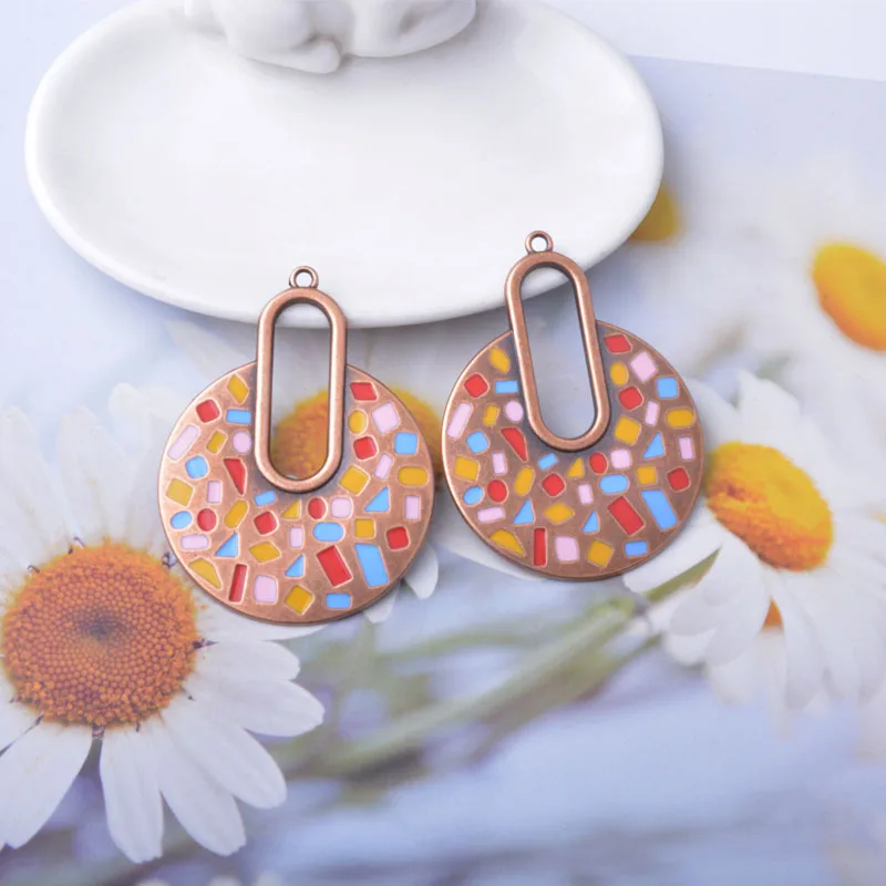 10 Stück/Set 44*59mm Boho Legierung Bunte Runde Große Anhänger Damen Schmuckzubehör Emaillierter Anhänger – Detail 6