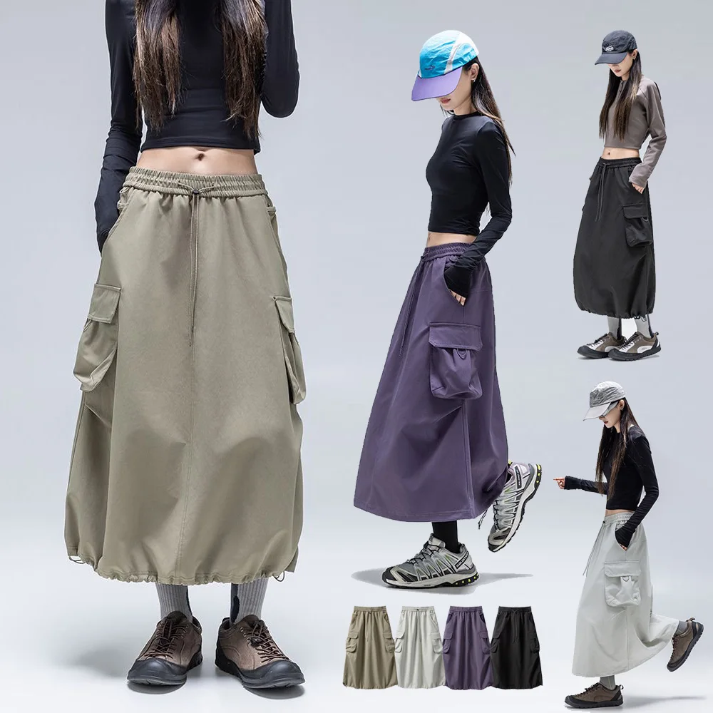 Women Outdoor Hiking Quick Dry Waterproof Drawstring Sport Cargo Skirt Girl City Walk Streetwear Loose Casual Y2k Track Skirts