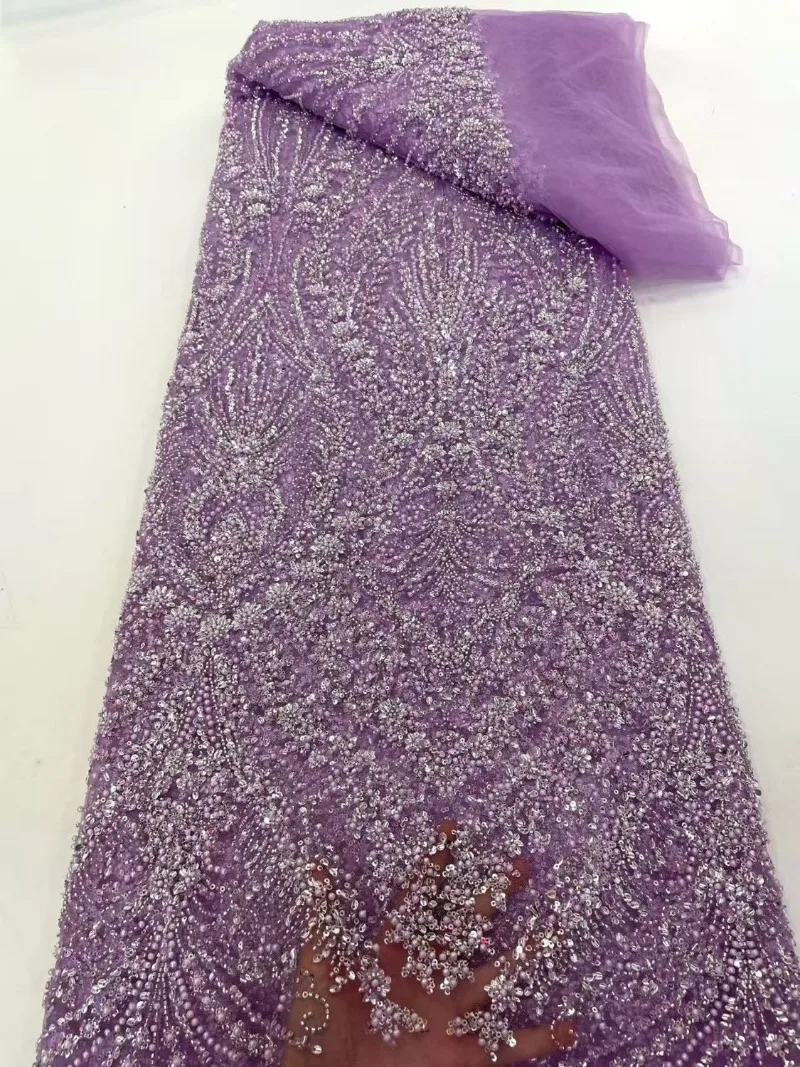Dense Beaded Lace Fabric with Beads Sequins DIY Sew Cloth Allover Embellished for Wedding Dress Evening Gown Performance Costume