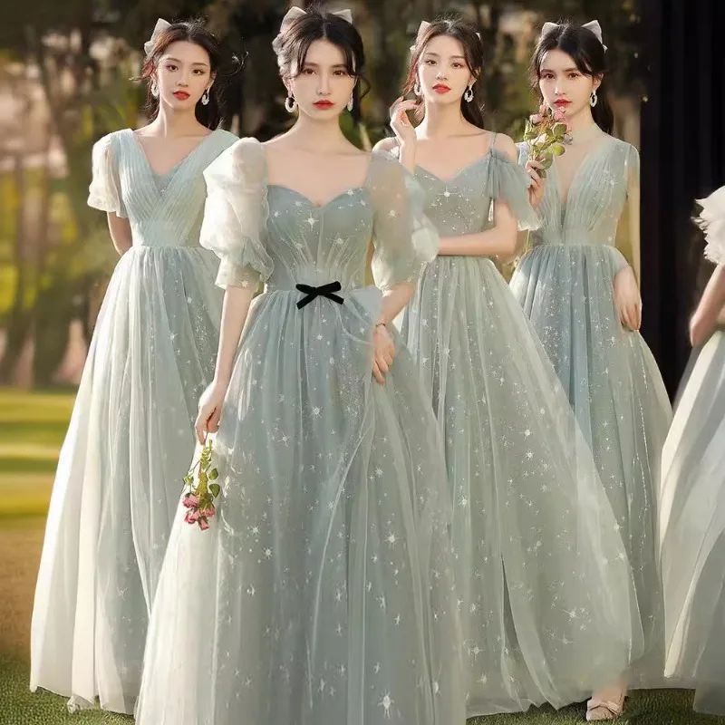 

Sen Bridesmaid Dress 2025 New Spring Long Fairy Temperament Sisters Group Dress Girlfriends Dress Thin Cover Meat Short Sleeve