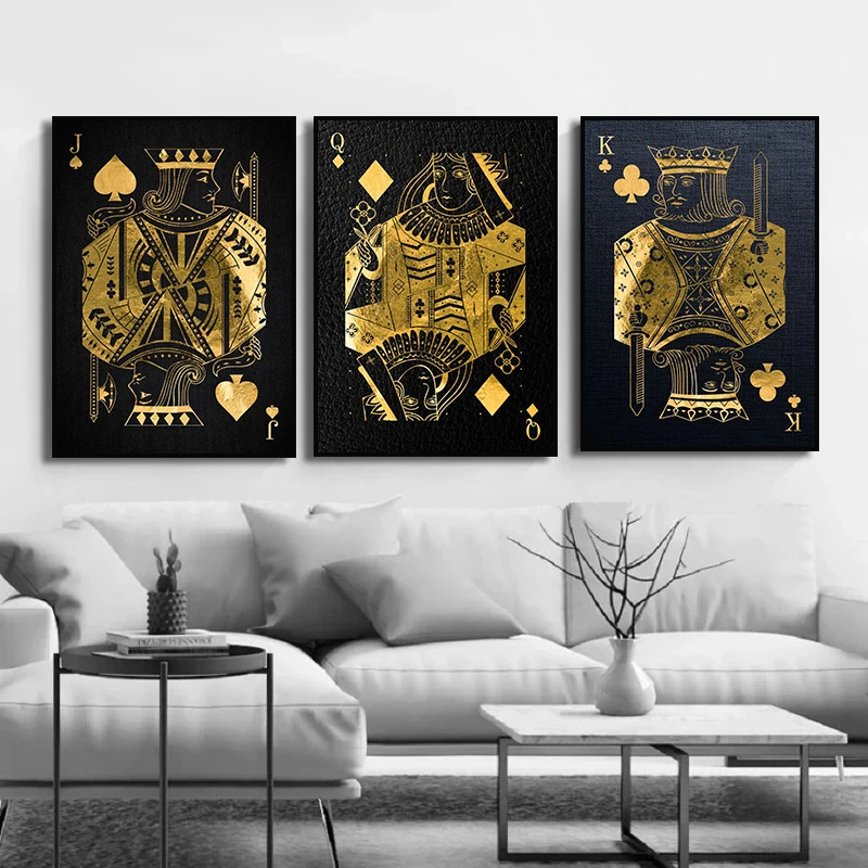 Golden Playing Cards Ace of Spades King Queen Lucky or Dead Poker Casino Canvas Painting Room Picture Print Home Decor Cuadros