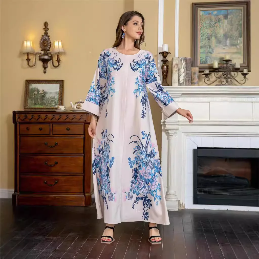 

Middle East Muslim Dress Printed Beaded Women's Robe Fashion Simple Temperament Elegant Holiday Style High-end Banquet Party Dre