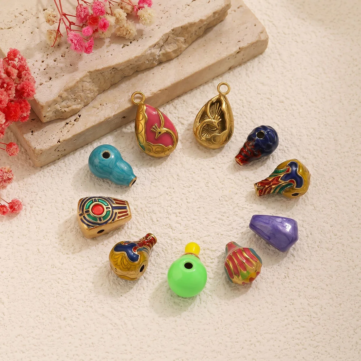 10Pcs Multi Color Tibetan Teardrop Enamel Charms Stainless Steel Textured Pendants DIY Necklace Bracelet Jewelry Supplies