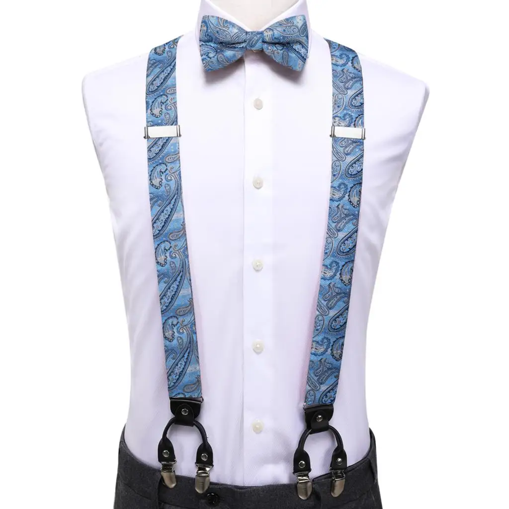 Hi-Tie Vintage Silk Mens Suspender Fashion Light Blue Suspender Bow Tie Set Leather Metal 6 Clips Suspender Braces Wholesale