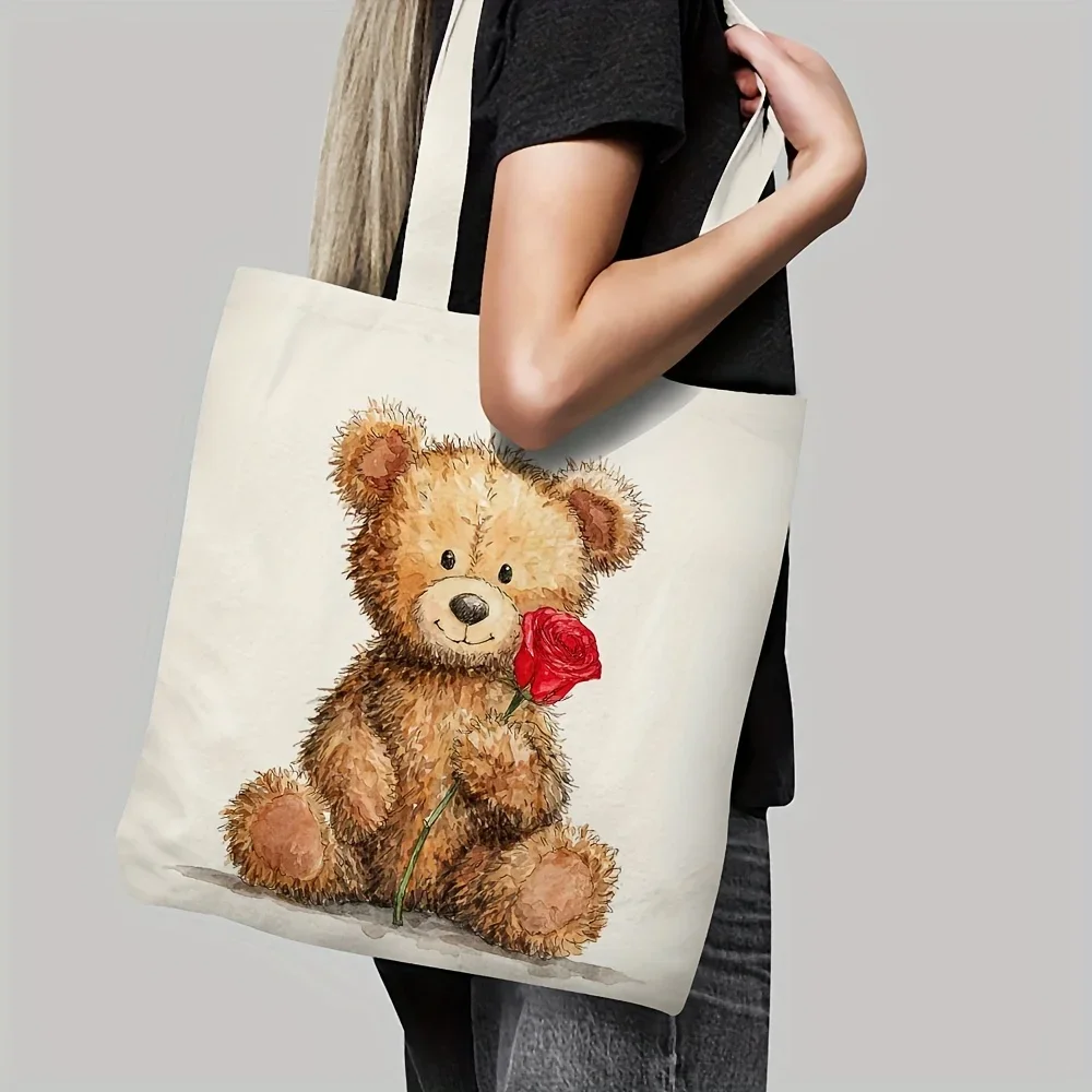 1pc Cute Teddy Bear & Rose Tote Bag - Beige Canvas Reusable Shopping Bag with Brown Teddy Bear & Pink Rose Illustration, Large C