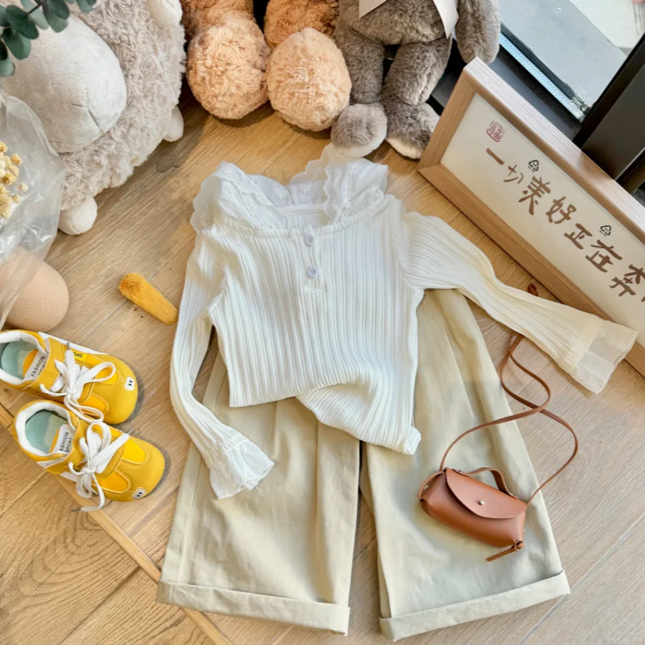 

Autumn Kids Babys Girls 2PCS Clothes Set Cotton Lace Hooded Knit Long Sleeves Suit Solid Casual Little Girl Straight Pant Outfit