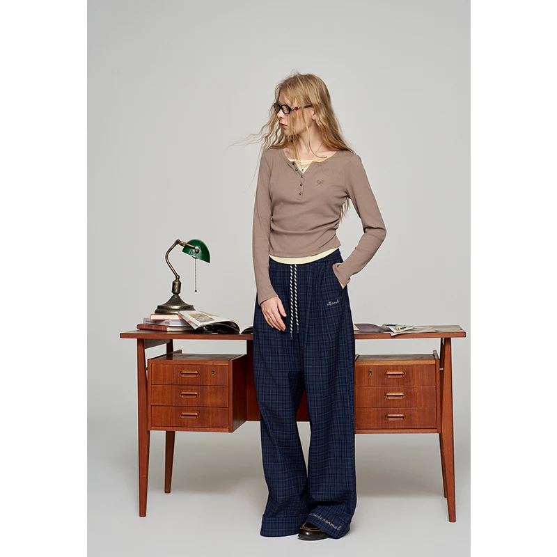 ELFSACK Women Plaid Wide‑Leg Trousers, Loose High‑Waist Pants with Drawstring & Embroidery Daily Outfit