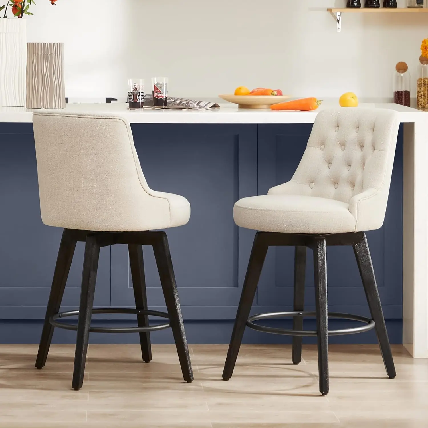 Watson & Whitely Modern Swivel Bar Stools, Performance Fabric Upholstered Counter Height Bar Stool with Back, Solid Wood Legs,