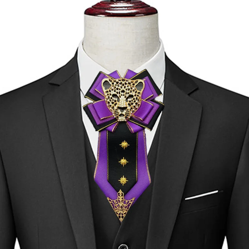 Devil Crystal Leopard Head Laço para homens, joias artesanais originais, personalidade dominadora de ternos de negócios, colarinho de camisa, flores