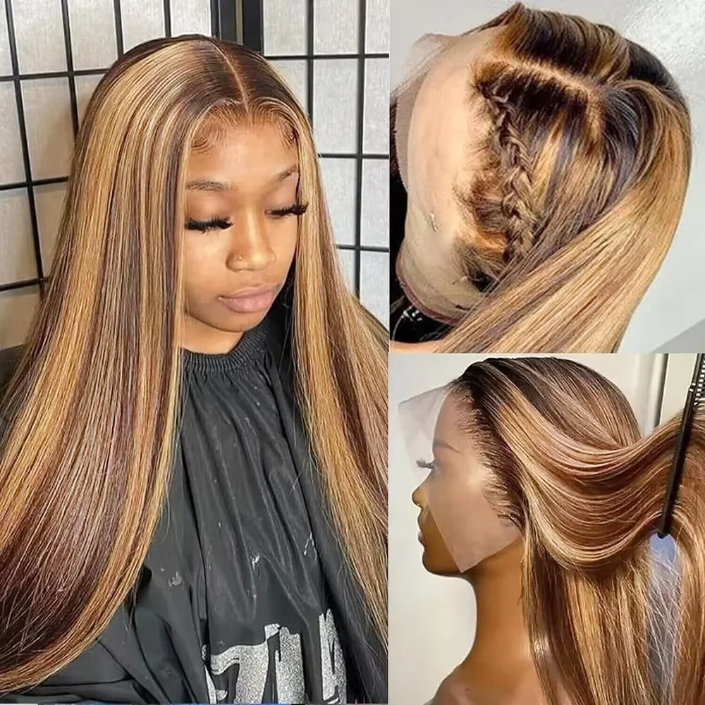 40 Inch Highlight Ombre Wig Straight Human Hair Wigs 220 Density Colored Blonde 46 40 Inch P4/27 Highlight 13x6 Hd Lace Frontal Wig Pre Plucked Blonde Straight Human Hair Wigs