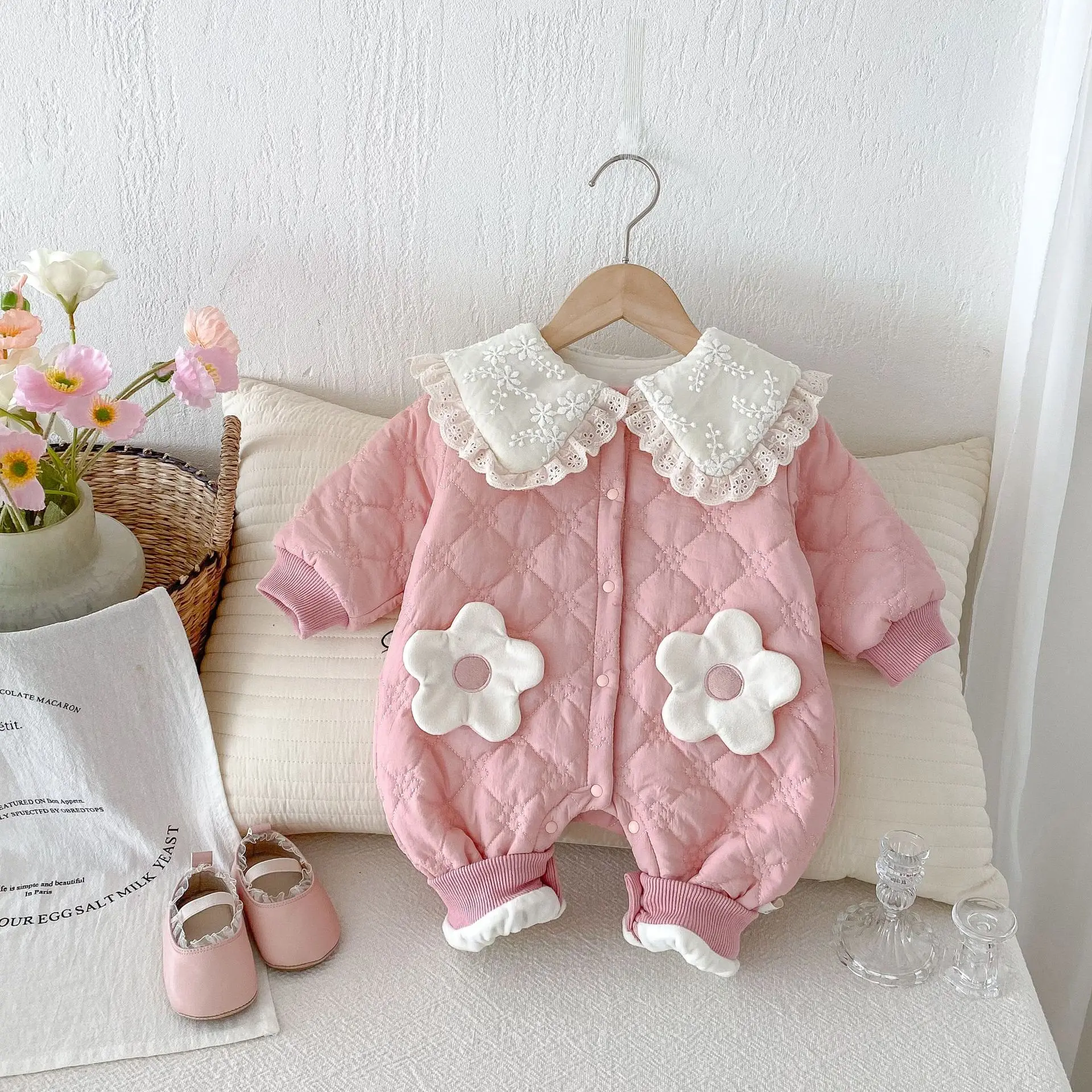 

MILANCEL Autumn/Winter Baby Girls Clothes 0-2 Y Newborm Cute Jumpsuit Embroidered Floral Turn Down Collar Romper for Infant Girl