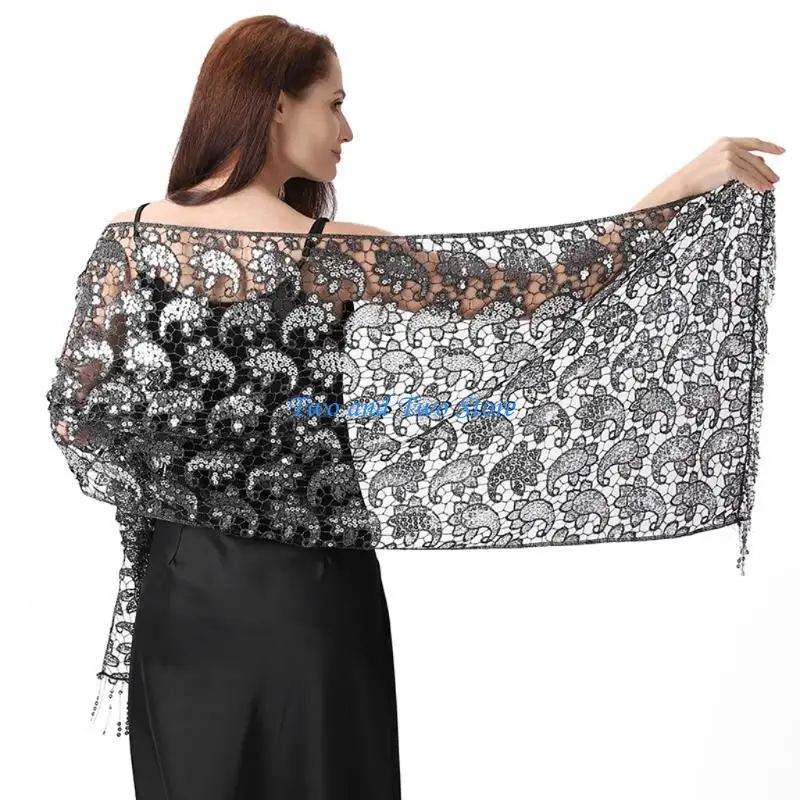 HX6F Elegant Sequined Paisleys Wrap For Women Bridal Party Accessory With Embroidery And Fringe Formal Evening Shawl Wrap