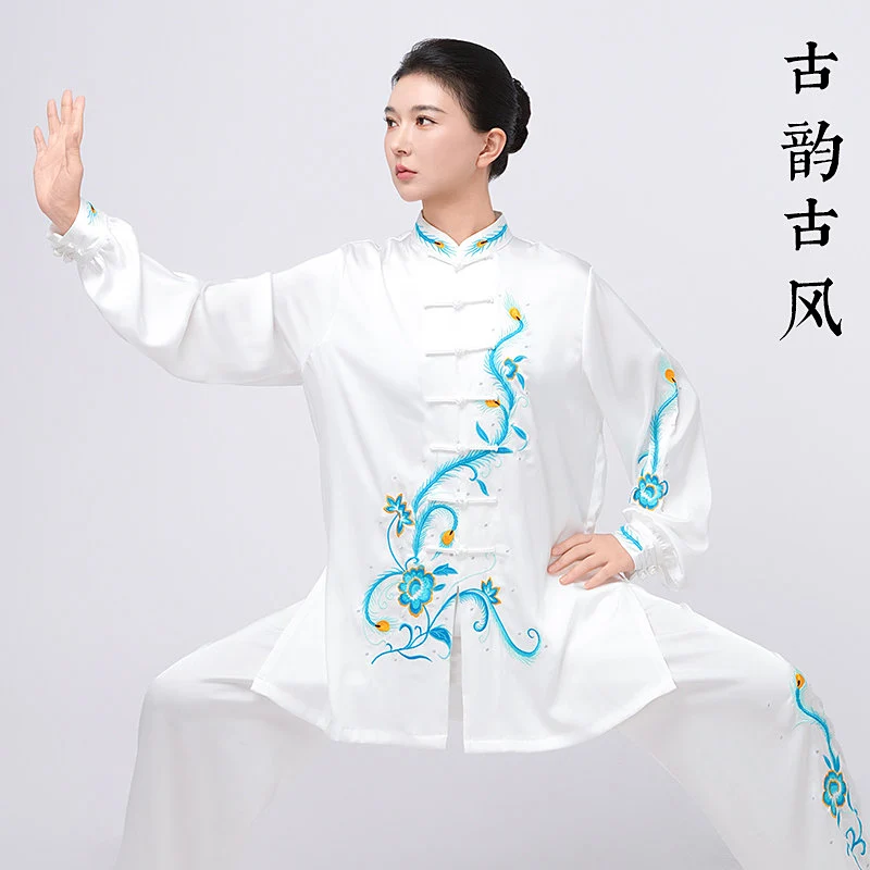 Women's Unisex Tai Chi Suit Spring/Autumn Embroidered Competition Performance Aceate Satin Fabric Martial Arts Training Wear Bad