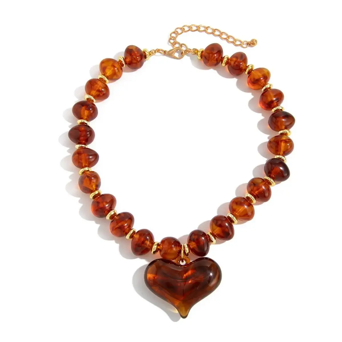 

Vintage Big Love Heart Pendant Choker Necklace Adjustable Resin CCB Beads Chain Grunge Trend Jewelry for Women