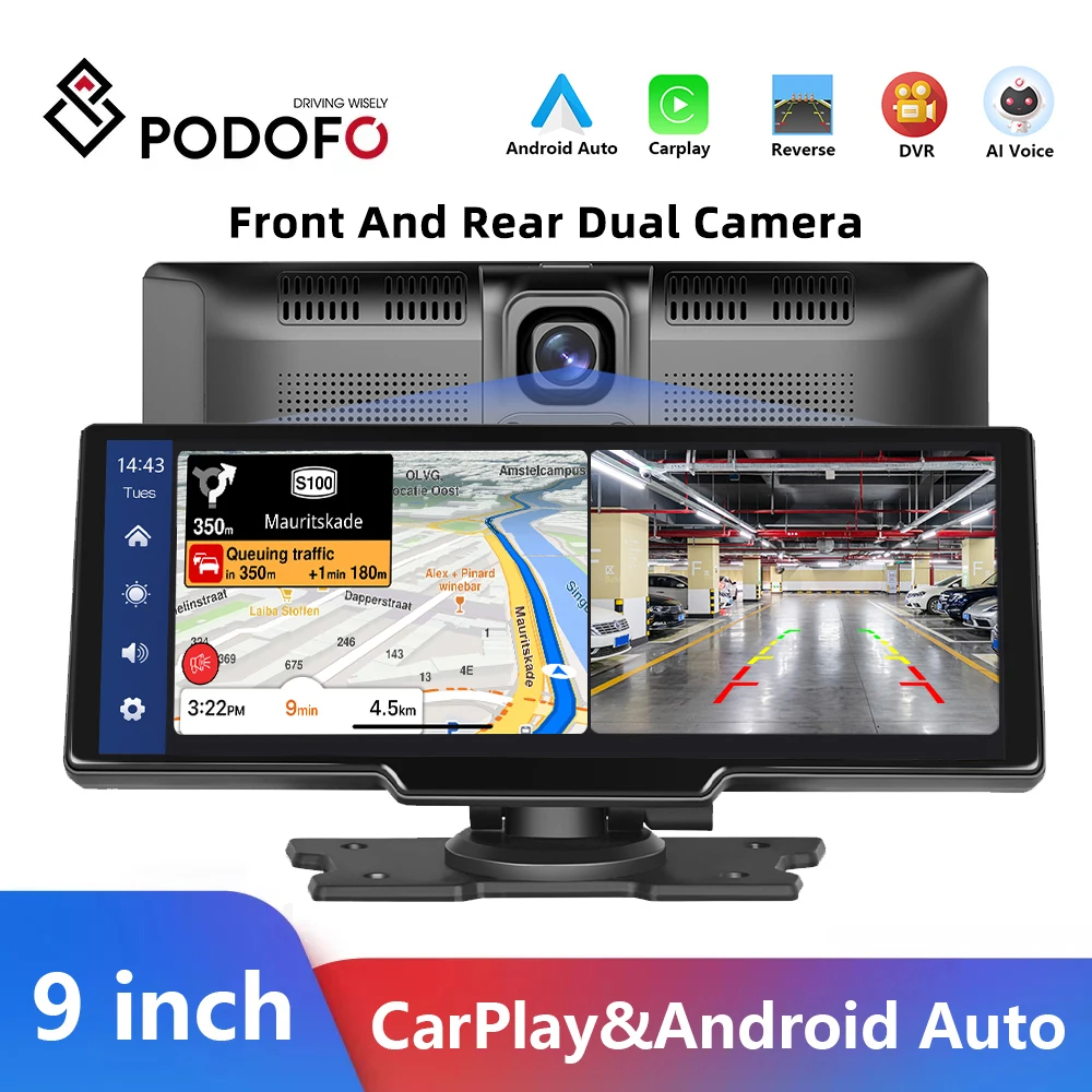 Podofo-Monitor de espejo para coche, dispositivo con vídeo HD, Carplay, Android, conexión inalámbrica automática, DVR, tablero para Nissan y Toyota, 9"