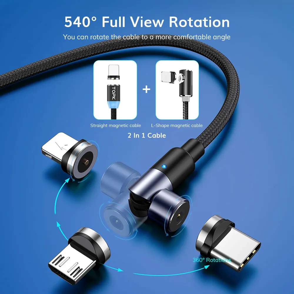 TOPK 540 Degree Roating Magnetic Cable Micro USB Type C Phone Cable For IPhone11 Pro XS Max Samsung Xiaomi USB Cord Wire Cable