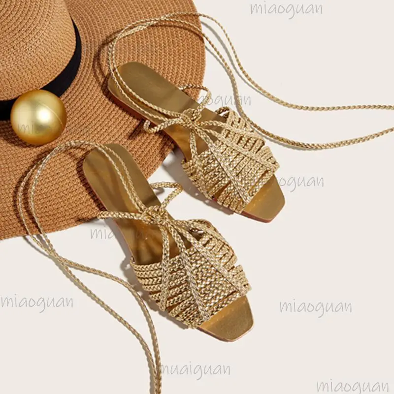 Retro Kreuzriemen-Sandalen für Damen Sommer Strand Urlaub Goldfarben Geflochtene Schuhe Mode Outdoor Damen Komfort Fußbekleidung