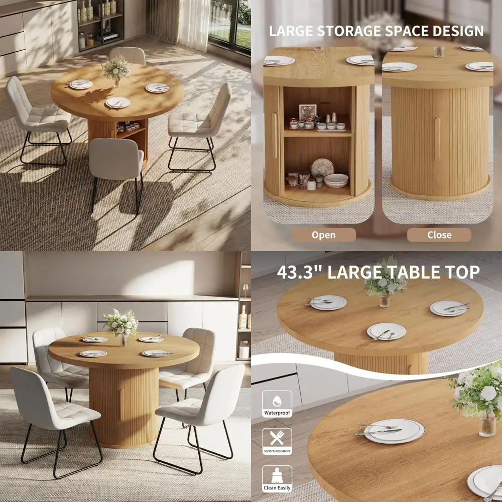 

Space-Saving 43.3 Round Dining Table With 4 Leather Chairs, Natural Wood & White, Easy Assembly