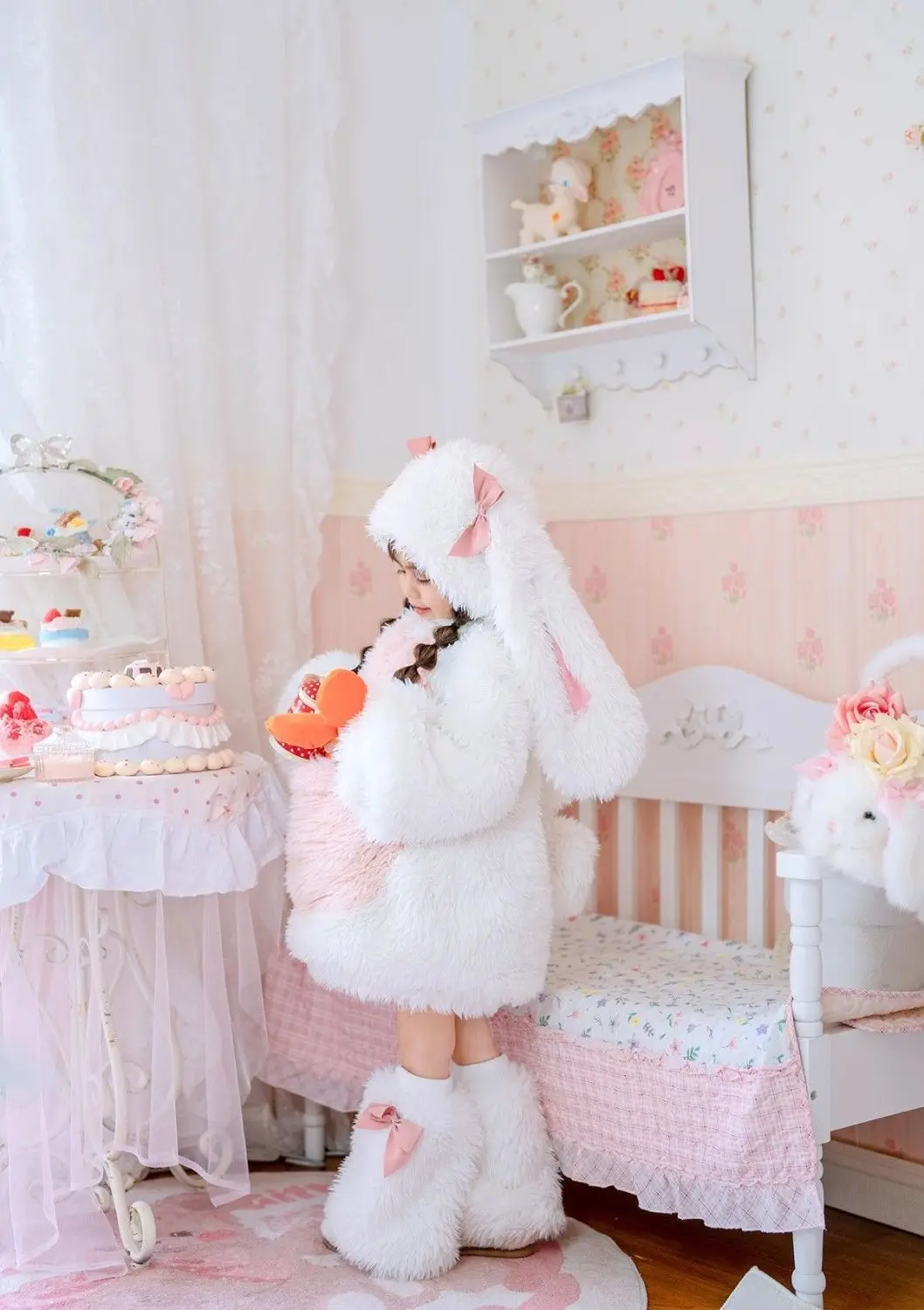 Cartoon Kinder Plüsch-Kaninchen Cosplay Kostüm Kawaii Mädchen Winter Warme Sets Top Hose Mütze Anzug 1-10 Jahre Mädchen Party Outfits Geschenk – Detail 9