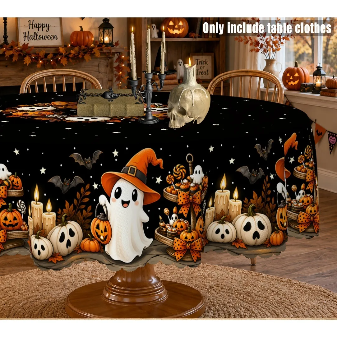 1 PC Tablecloth, Halloween Ghost Pumpkin Tablecloth, featuring cute cartoon images of ghosts and pumpkin lanterns.zyc