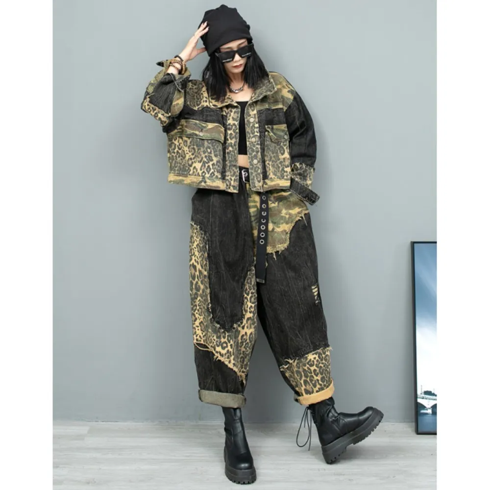 Personalized Leopard Print Patchwork Vintage Denim Long Sleeved Jacket + Harem Pants Two-piece Set Women 2024 Autumn LX1910